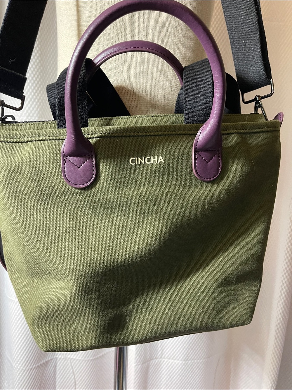 Cincha Olive convertible Canvas Satchel w/Purple Leather Handles & Black Strap - Picture 2 of 9